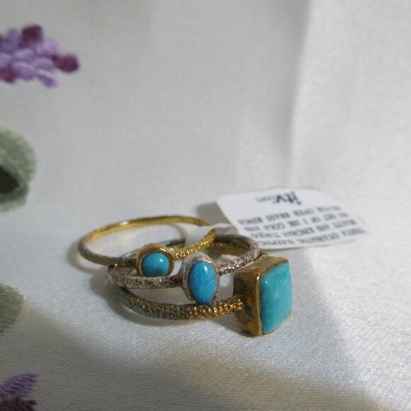 Tehya Oyama Sleeping Beauty & Kingman Turquoise 18K Gold & S over Brass 3 Rings - Picture 6 of 15